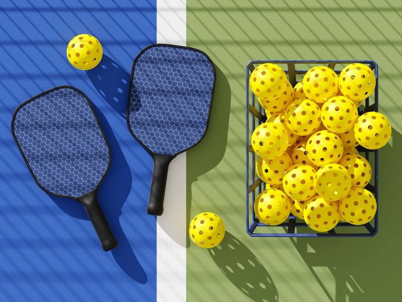 Schläger (Paddles) + Plastikbälle mit Löchern für den Fitness-Trend Pickleball.